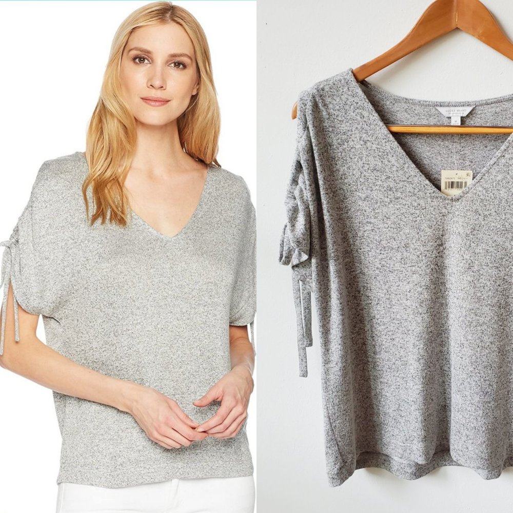 Lucky Brand V-Neck Cold Shoulder Tie Top, Heather Grey, M
